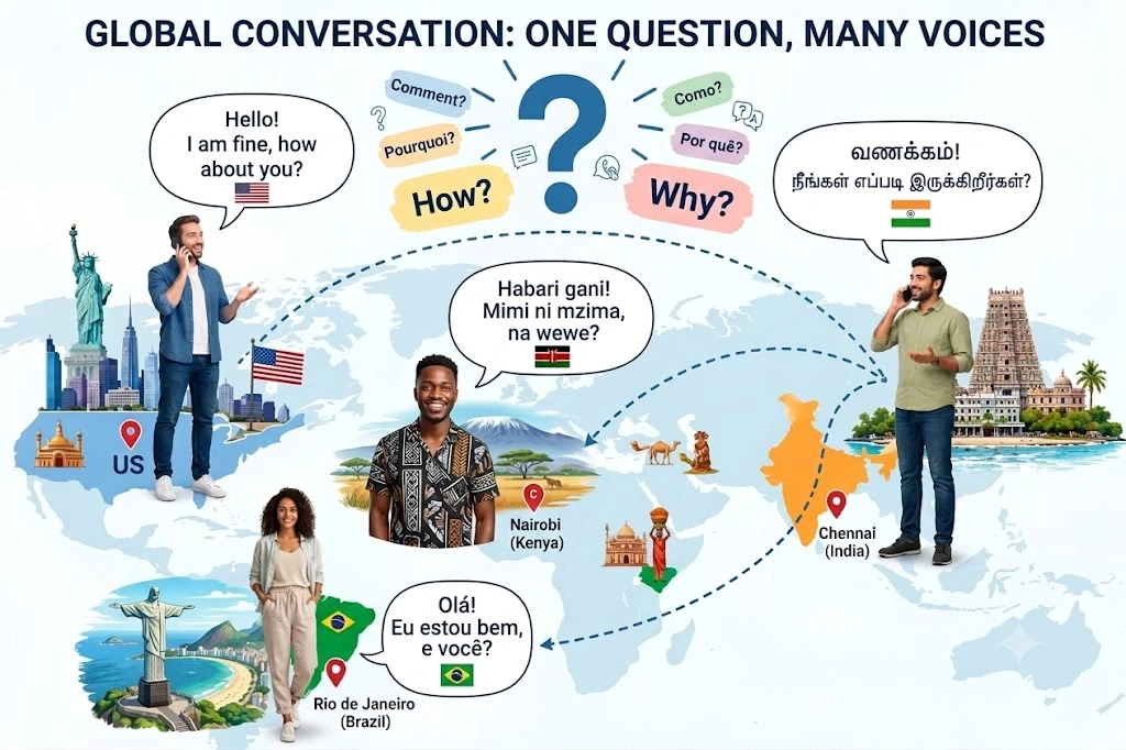 Four people calling each other from the US, Nairobi, Chennai, and Rio de Janeiro, each speaking their own language, with a giant question mark and 'How? Why?' between them